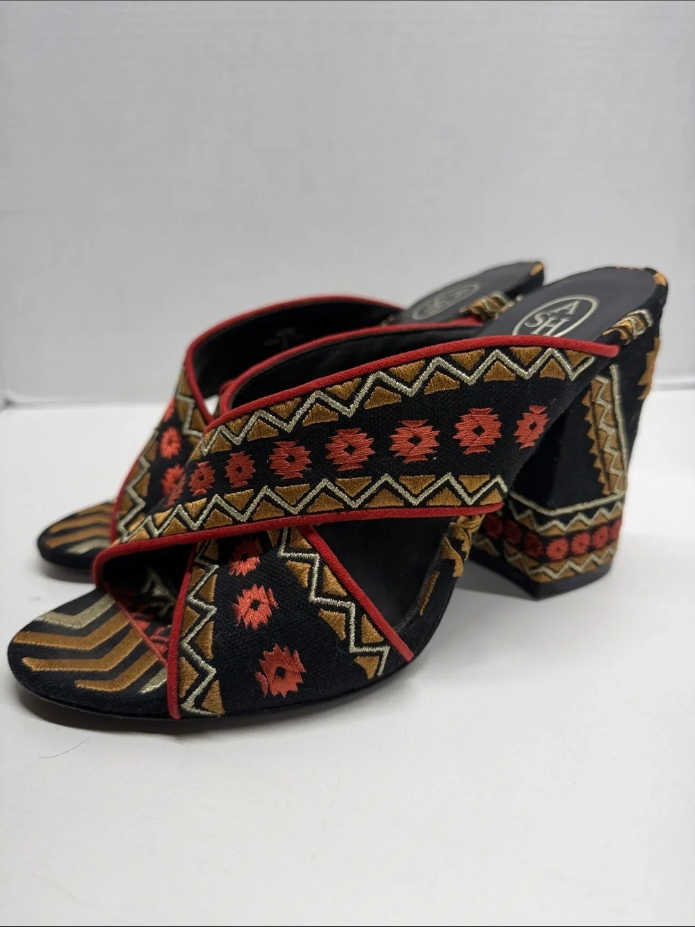 Ash Adel Mule Sandals High Heel Shoes Open Toe Geometric Embroidered Black 9